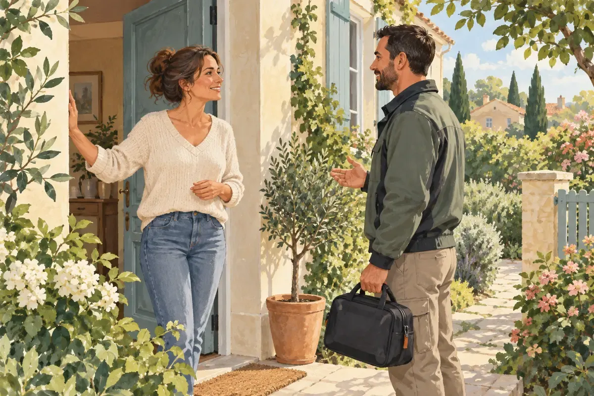 Un particulier échange avec un professionnel devant sa maison. Illustration.